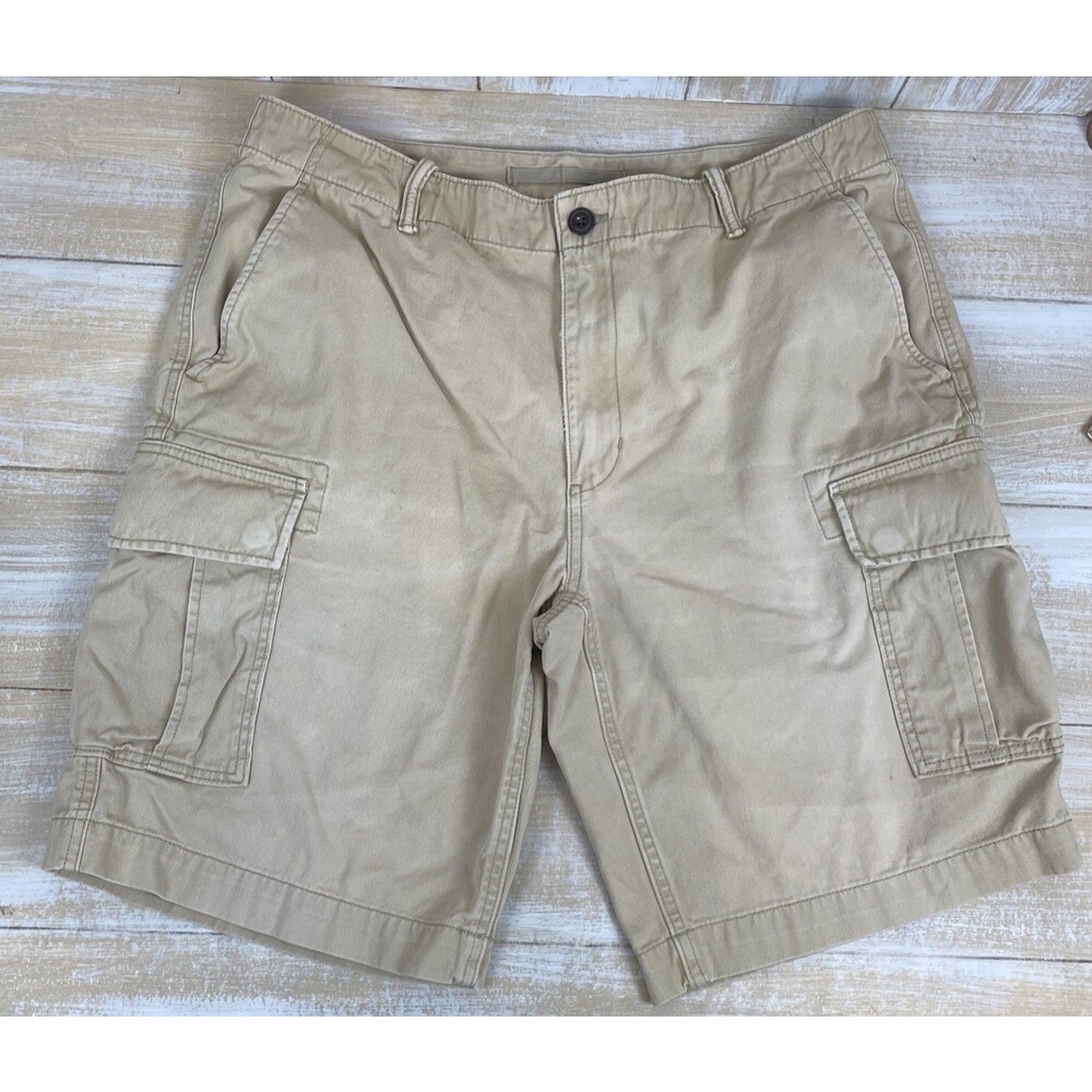 Y2K Lands End Cargo Pocket Mens Shorts Size 38 Tan Khaki 100% Cotton *spots